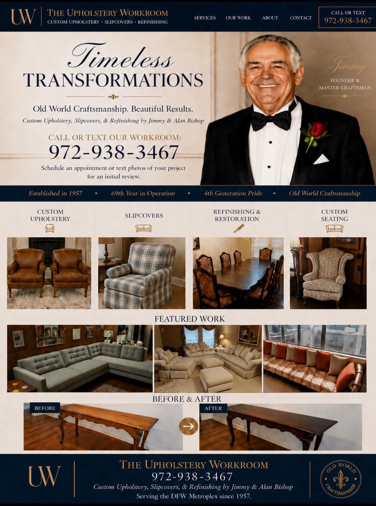 The Upholstery Workroom Timeless Transformations featuring Jimmy Bishop in his tuxedo